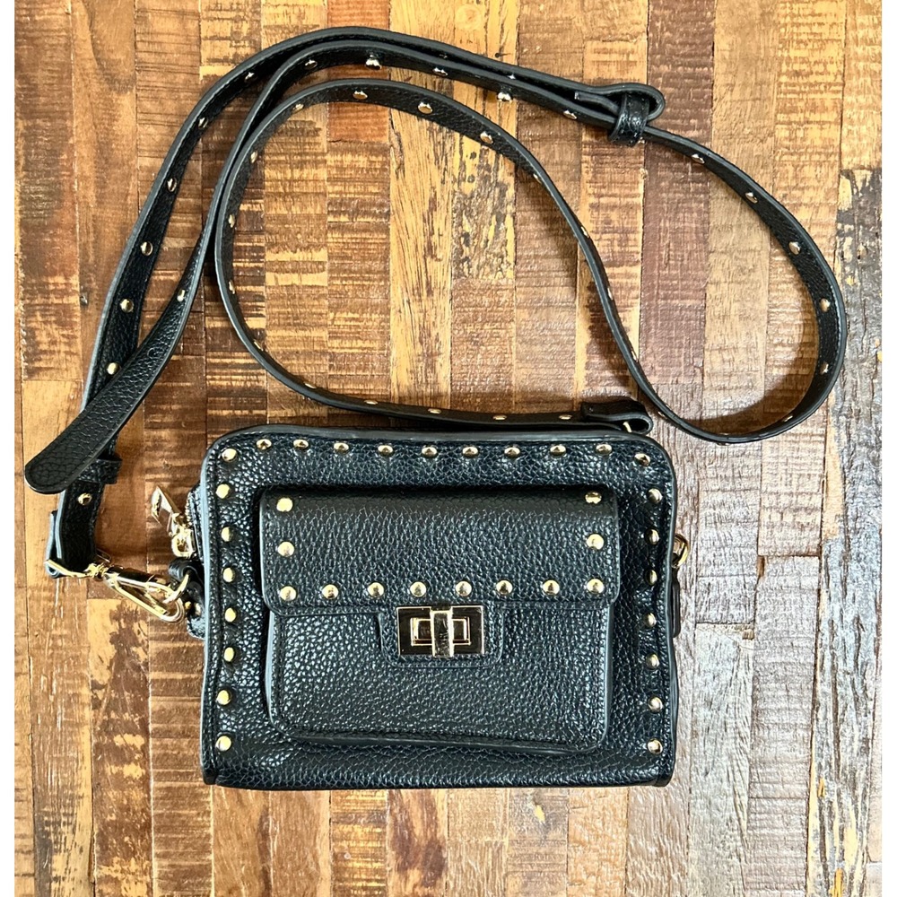 Steve Madden Black Pebbled Studded Crossbody Bag with Gold Hardware